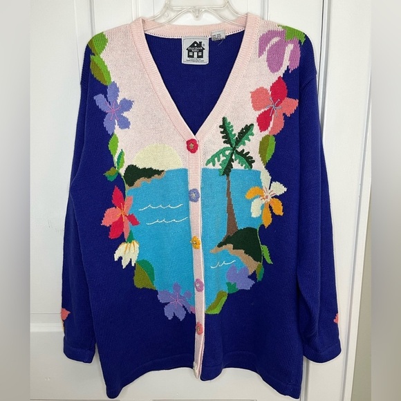 Storybook Knits Hawaiian Themed Knit Floral Cardigan Sweater Size Large Ramie - Picture 1 of 14